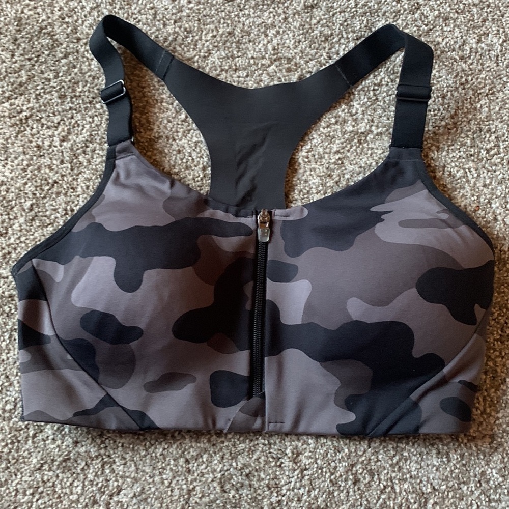 All in Motion Zip Front Charcoal Gray Camo Sports Bra 34C